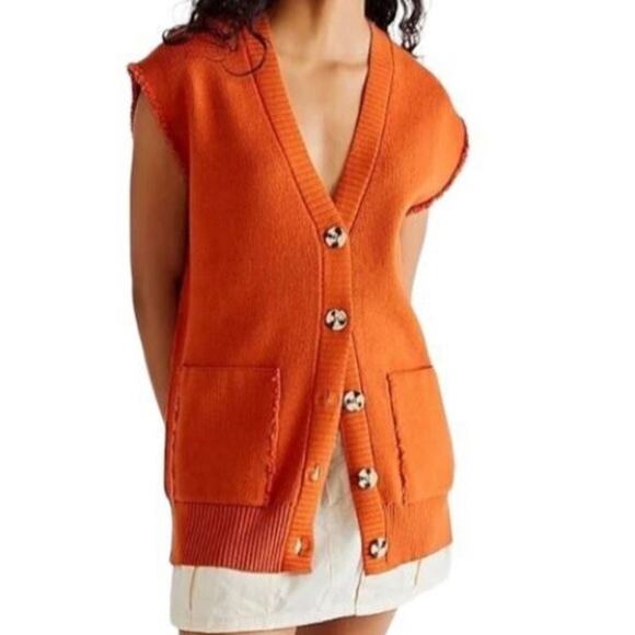 Free People Burnt Orange Oakleigh Oversized Boyfriend Sweater Vest, Size XS - Picture 2 of 16
